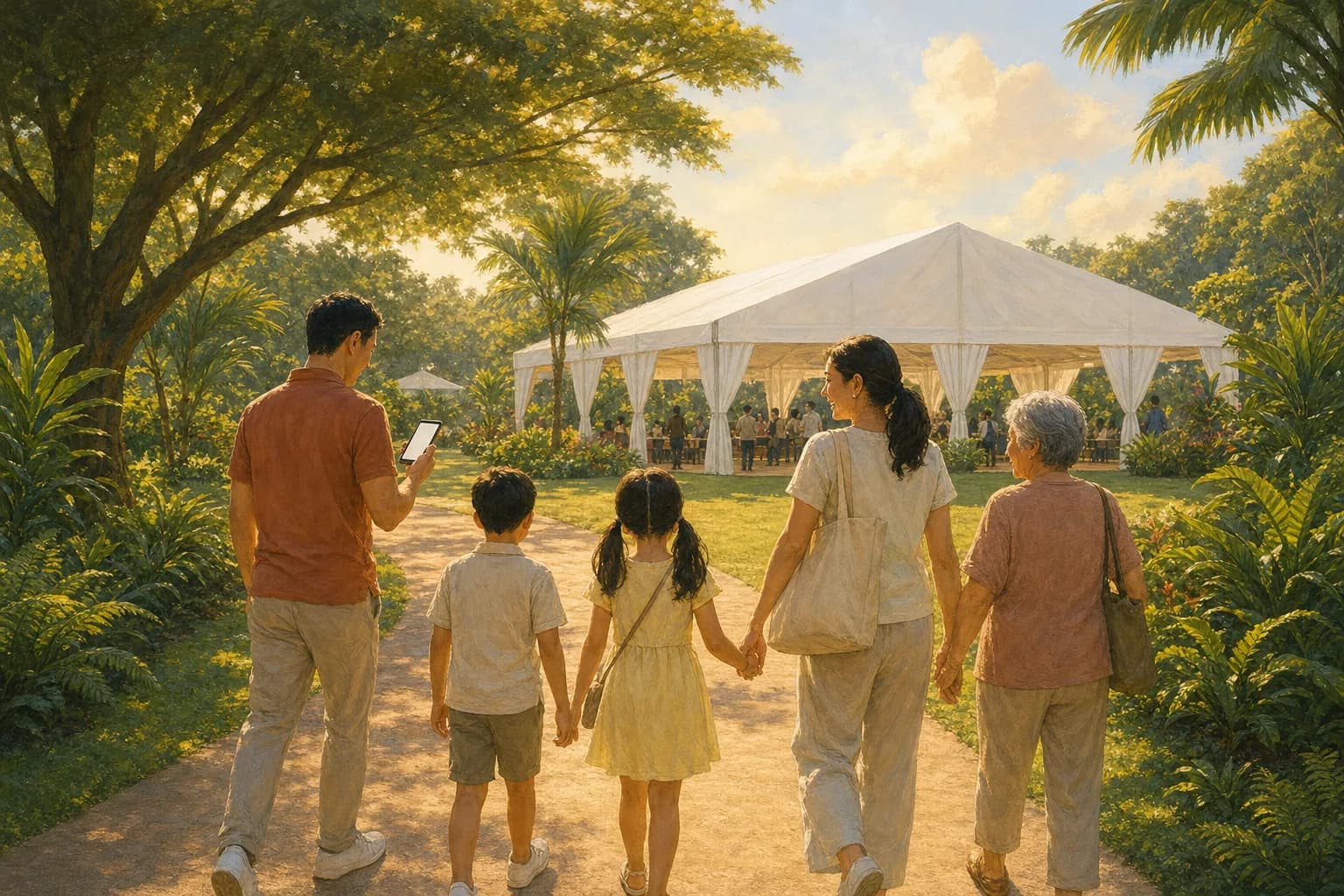 Illustrated family with a grandmother walking along a garden path towards a white exhibition marquee in late-afternoon light