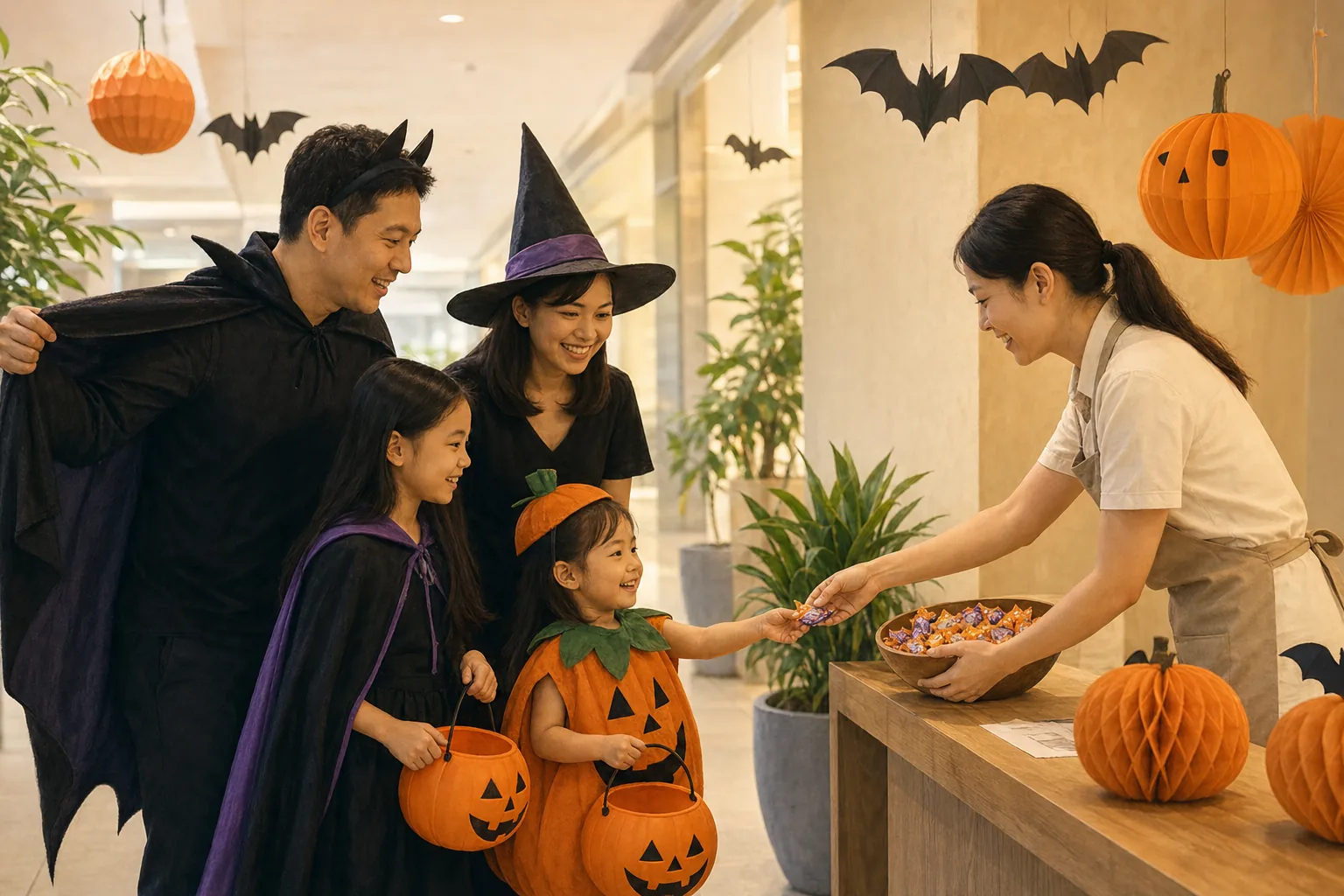 Illustrated family in homemade costumes collecting sweets from a smiling staff member beside paper pumpkin decorations in a bright indoor corridor