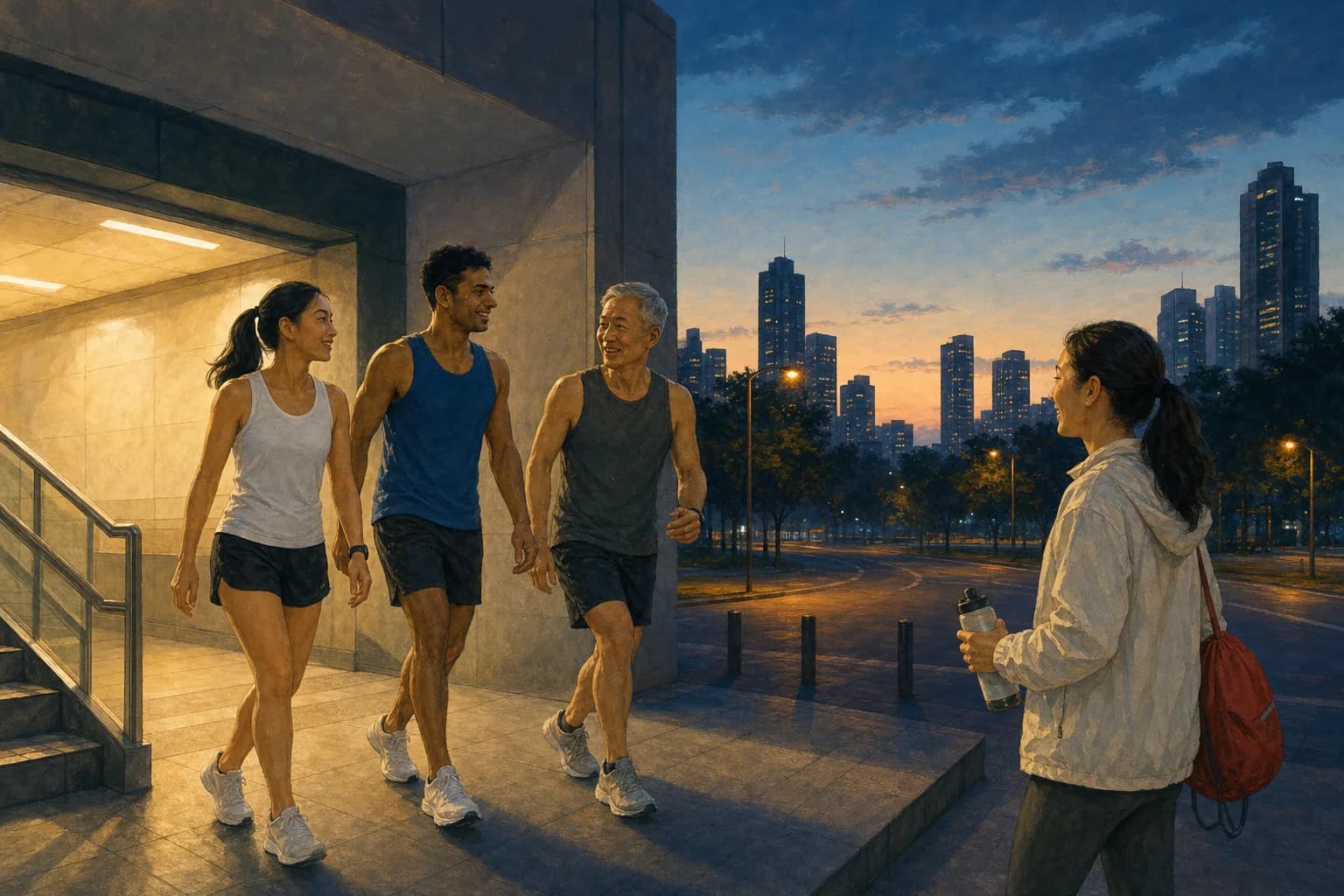 Runners in running vests walking out of a brightly lit underground train station into a dark city street before dawn, with a supporter holding a water bottle