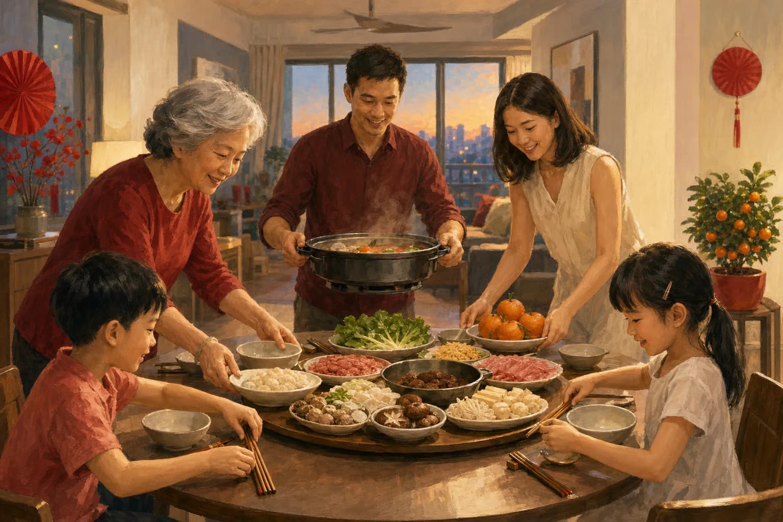 Three generations of a family setting a round dining table for a festive dinner at home, with a hotpot, mandarin oranges and plain red decorations
