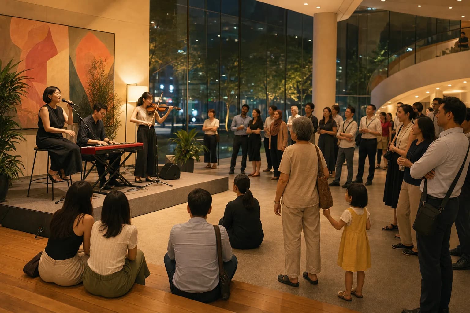 Office workers, a grandmother with a child and two friends watching a small acoustic trio perform in a wide, softly lit arts-centre foyer in the evening