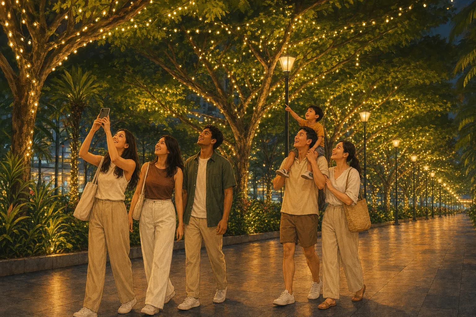 Friends and a family with a small child walking at night along a wide tree-lined shopping boulevard strung with warm golden lights, one person taking a photo