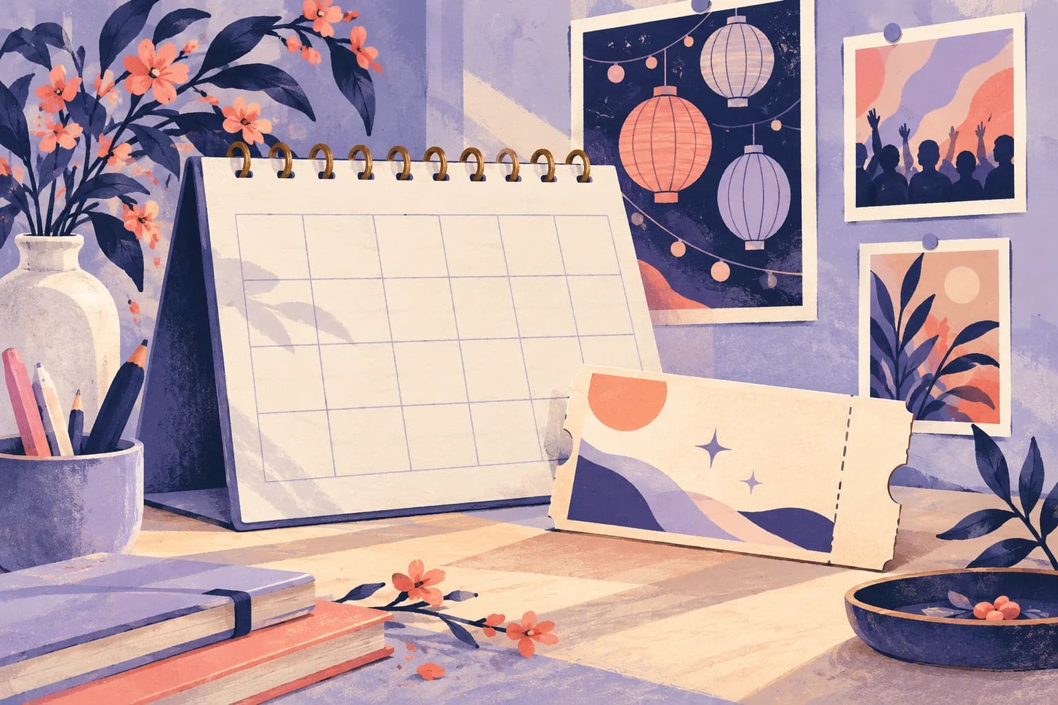 Conceptual illustration of a calendar with blank squares beside a ticket-shaped card and a small poster wall with no words.