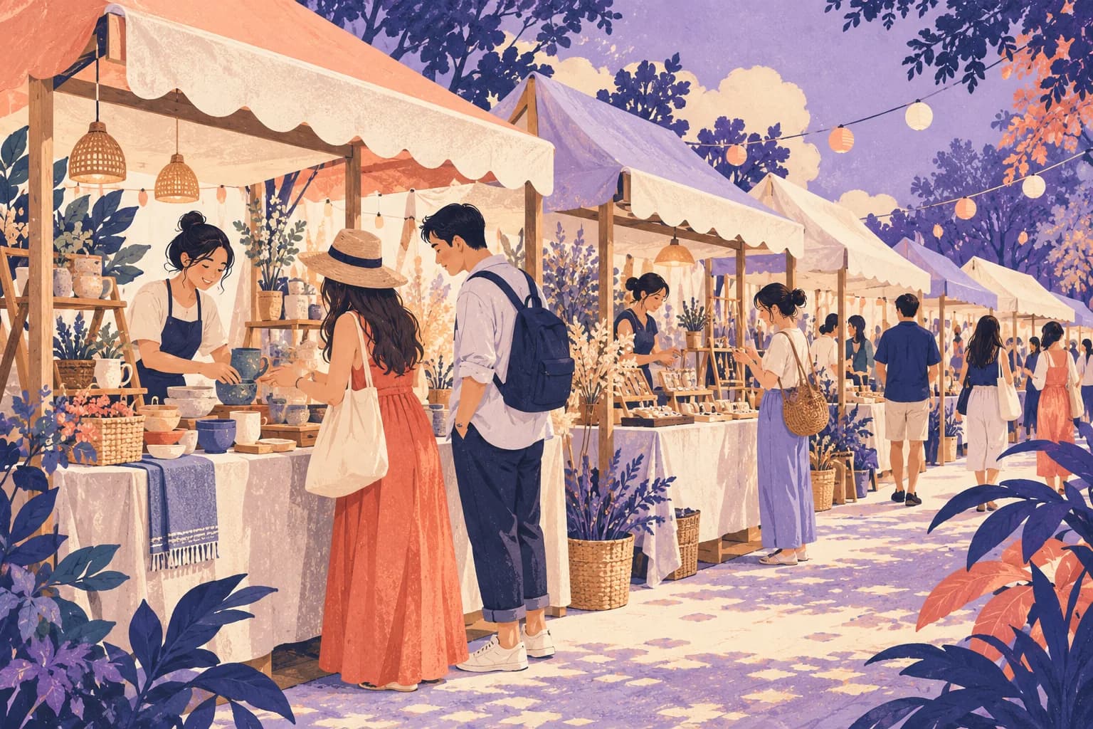 Conceptual illustration of a row of small generic market stalls with plain awnings and visitors browsing unlabeled goods.