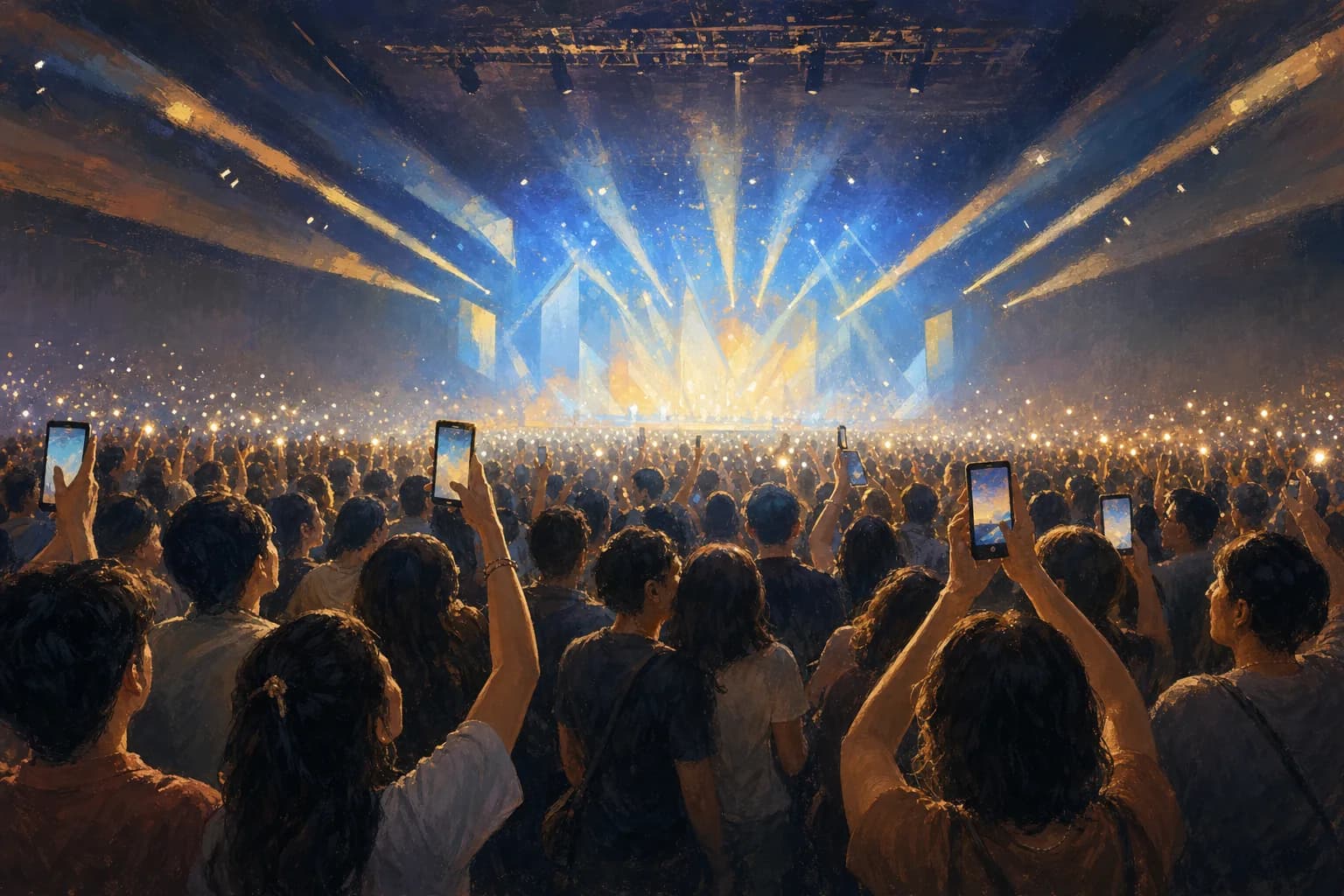 Illustrated concert crowd with raised phone lights facing a stage washed in blue and gold