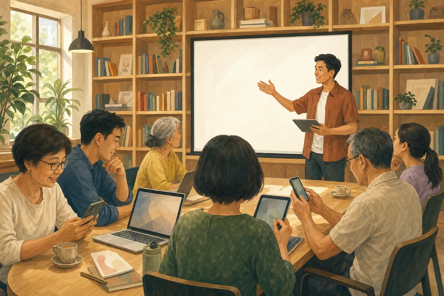 Illustrated library room where adults of different ages follow a workshop on laptops and phones