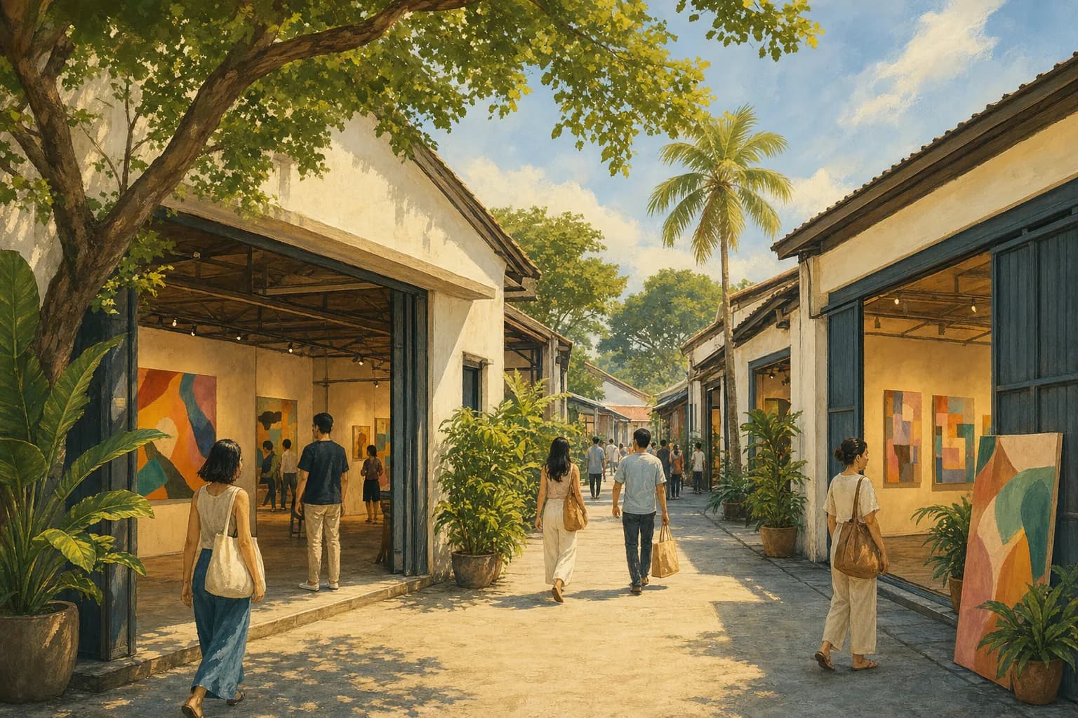 Illustrated visitors walking between converted warehouse galleries with large artworks visible through open doors