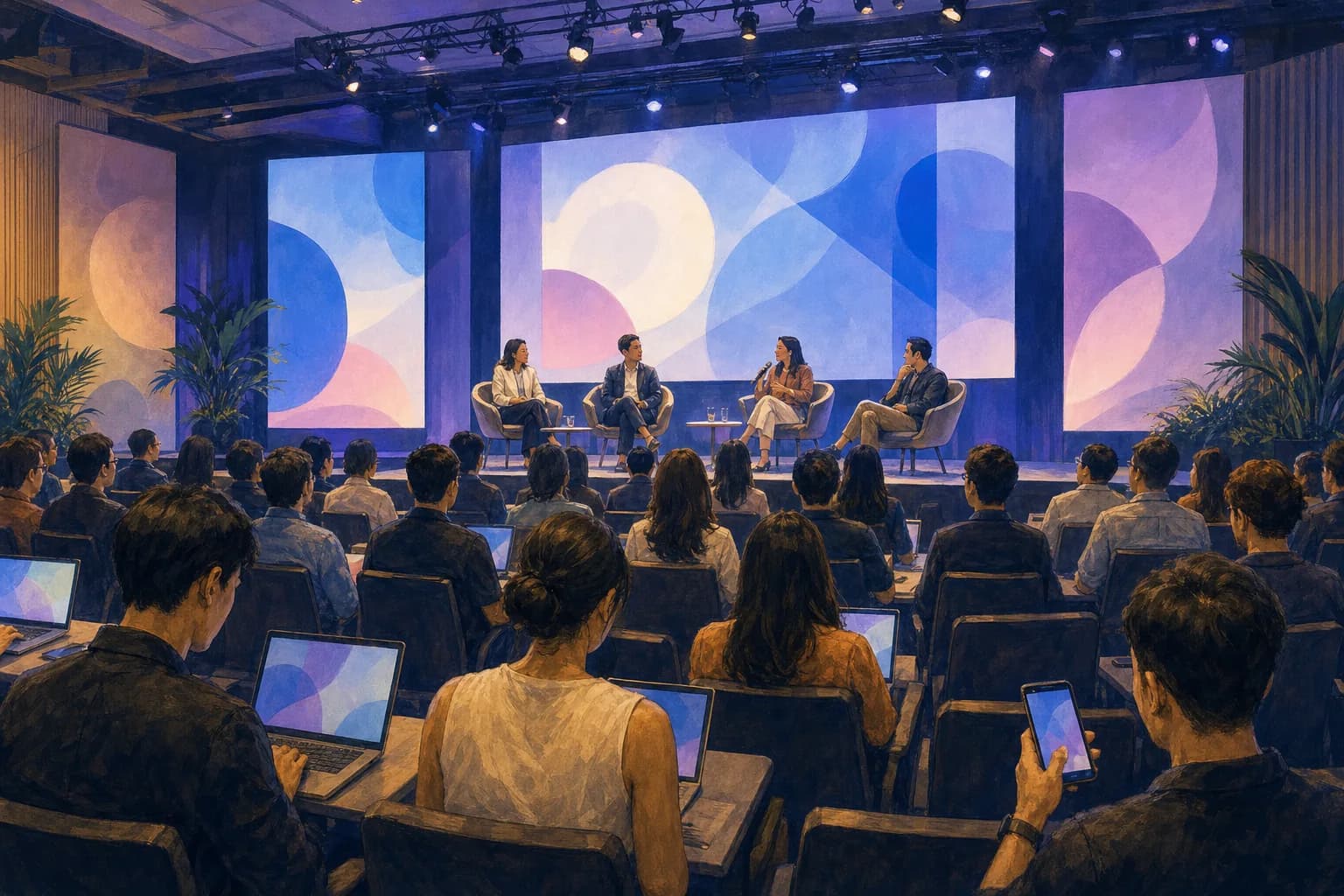 Illustrated conference hall where content creators listen to a panel on stage under large screens